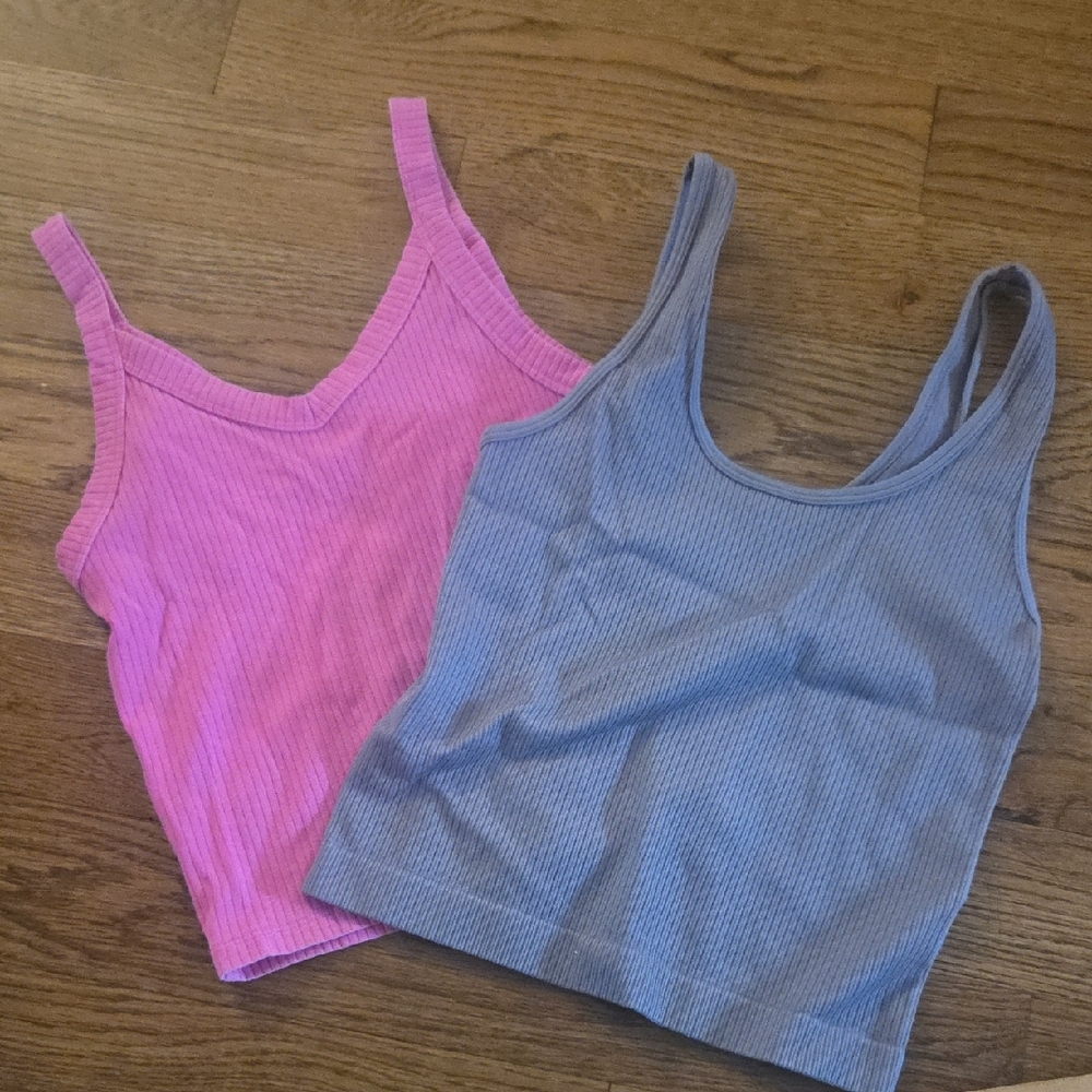Ribbed Cropped Tank Tops - Pink & Gray